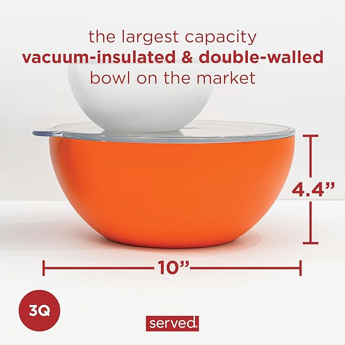 served Large Insulated Serving Bowl with Lid (100oz/3QT) - Double-Walled Stainless Steel Bowl for Hot & Cold Food - Vacuum Insulated, Spill-Resistant Thermal Bowl for Parties, Casseroles, Tailgates
