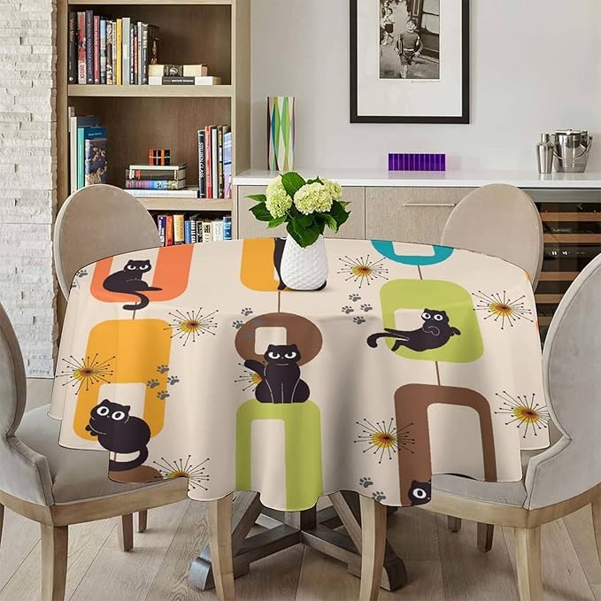 Bohemian Black Cat Round Tablecloth, Rustic Vintage Mid Century Geometric Tablecloth for Home Party Dining Room Kitchen Decor 70Inch(178cm)