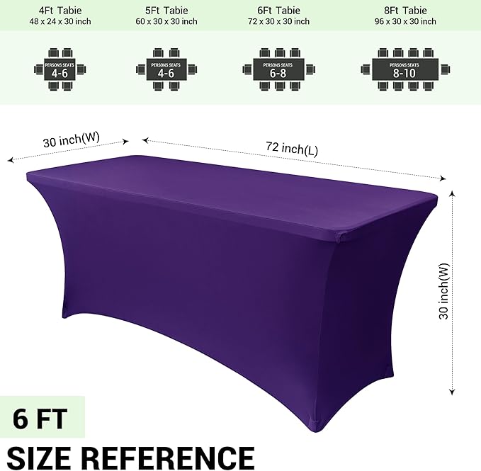 Obstal 6 Pack Stretch Spandex Table Covers for 6 Foot Tables - 6 FT Universal Rectangular Fitted Tablecloth Protector for Wedding, Banquet, Party (Dark Purple, 72 L x 30 W x 30 H Inches)