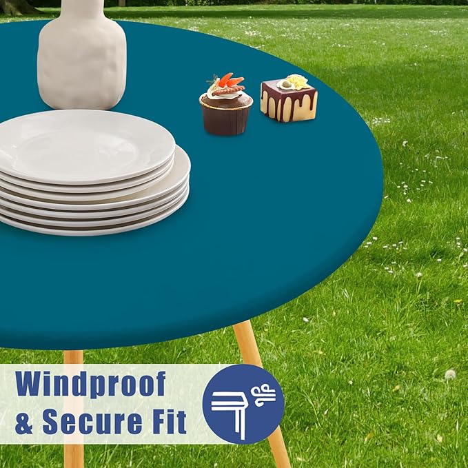 Round Spandex Tablecloth, Elastic Fitted Waterproof Tablecloths for 18"-24" Tables, Stretch Washable Picnic Table Cover for Camping, Dining, Indoor and Outdoor,Peacock Blue