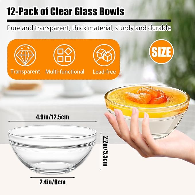 Small Glass Bowls, 12 Pcs Glass Mixing Bowls Stackable Ingredient Dish For Spices Dipping Sauces Ice Cream Toppings Dessert Snack Candy Nuts (4.92 Inch,5Oz)