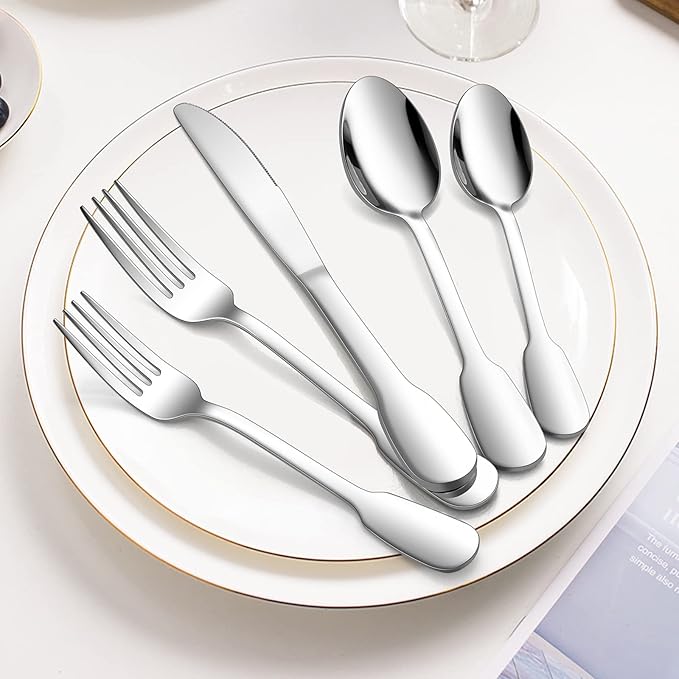 18/10 Silverware Set, E-far 60-Piece Stainless Steel Flatware Cutlery Set Service for 12, Metal Tableware Eating Utensil Sets for Home/Restaurant/Wedding, Elegant & Classic Style - Dishwasher Safe