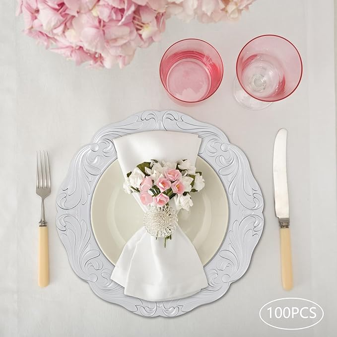 Charger Plates, 100pcs Silver 13inch Plastic Dinner Plate, Round Plastic Dinner Plate with Delicate Texture for Parties Wedding (Silver)