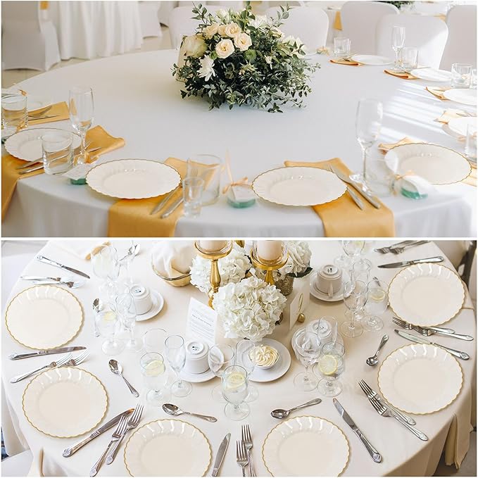 Mifoci 150 Pcs 7.5 Inch Ivory with Gold Rim Plastic Disposable Plates Bulk Salad Dessert Appetizer Cake Plates Elegant Fancy Plastic Tableware for Party Holiday, Wedding, Catering Table Decoration