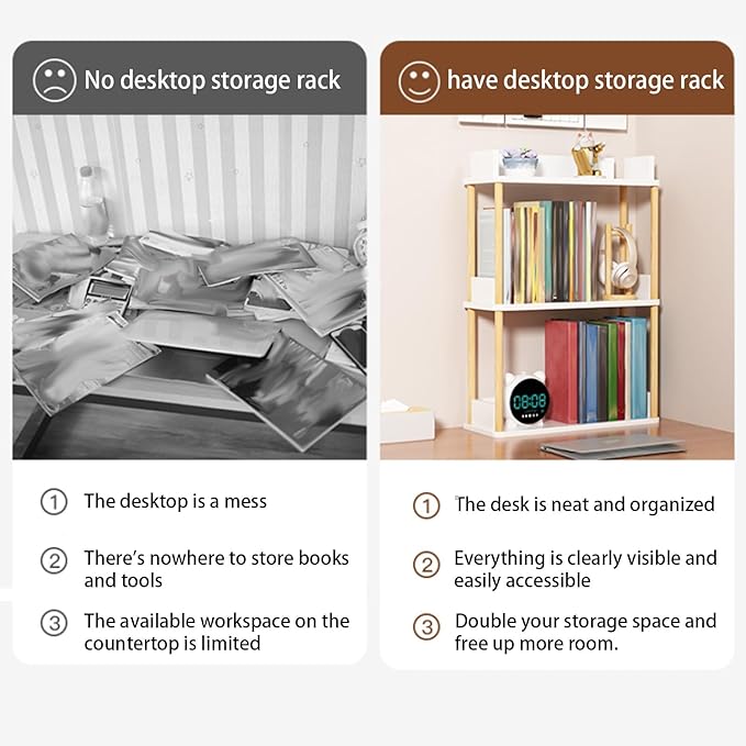 Desktop Organizer Shelf, Multi Tier Wood Tabletop Bookshelf, Space Saving Countertop Storage Rack for Office, Bedroom, Living Room(Warm White,19.6 * 7.8 * 26.7in)
