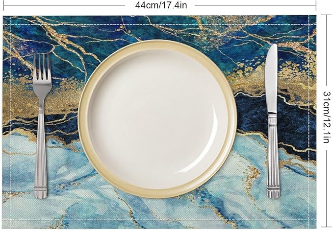 Marble Linen Placemats Set of 4, 12x17 Inch Modern Abstract Foil Texture White Blue Gold Marble Table Mats Washable Fabric Place for Party Kitchen Wedding Dining Banquets Decor