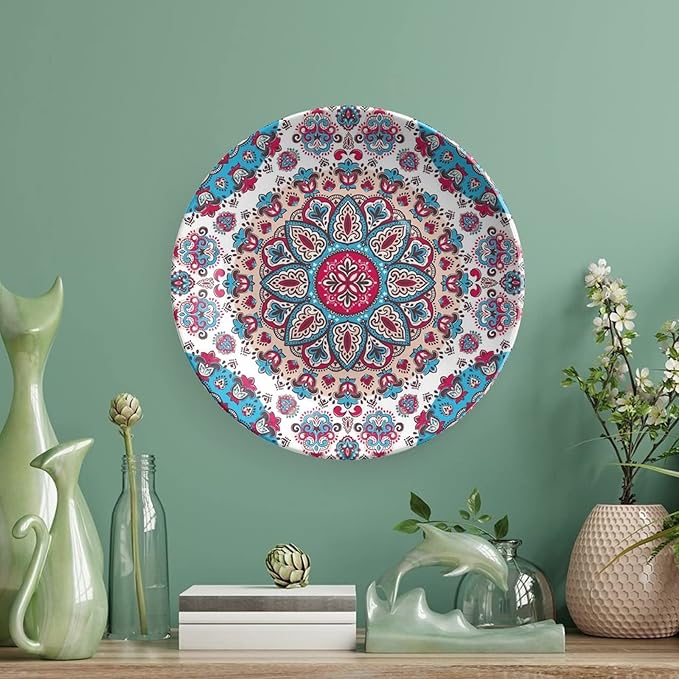 XISUNYA 7 Inch Decorative Plate, Boho Tableware Plate, Henna Style Floral Circles Paisley Retro Kaleidoscope Print Ceramic Wall Hanging for Home Office Party Dinner Table Decor