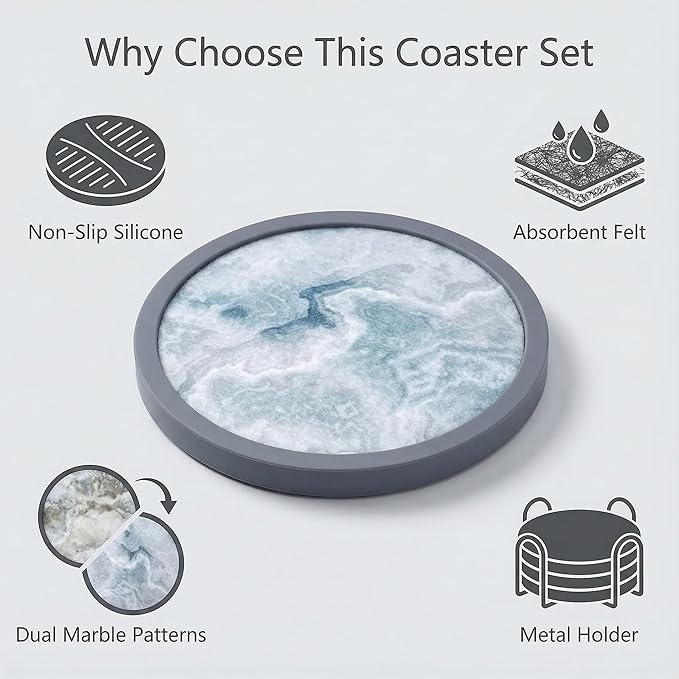 Absorbent Coasters for Drinks with Holder - 6packs, Silicone Coaster with Soft Felt Insert (4.3 inch Coasters with 4.5 inch Holder, Marble Style)