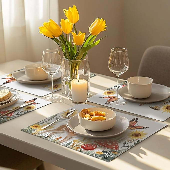 Cute Deer Placemats Set of 4, Sunflower Butterfly Place Mats, Sika Deer Waterproof Washable Table Mats for Home Party Indoor Kitchen Dining Table Decoration 12x18 Inch