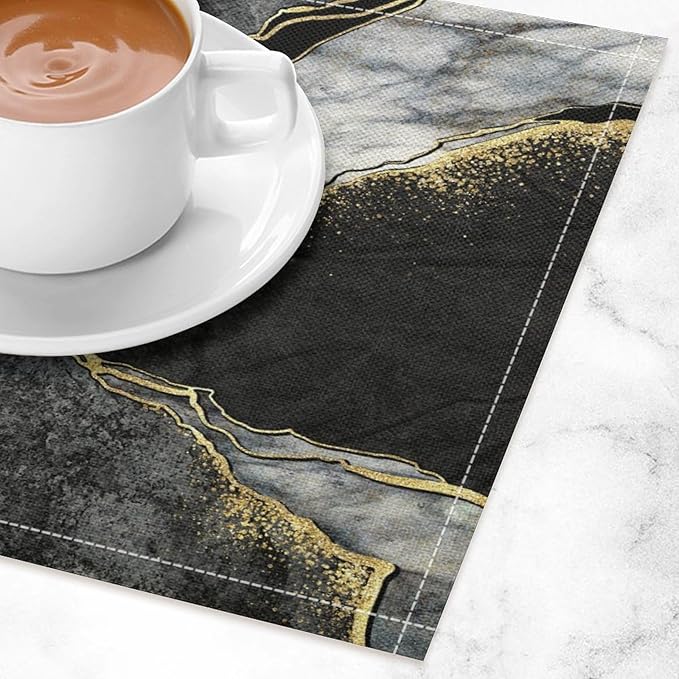 Marble Linen Placemats Set of 2, Modern Abstract Foil Texture Grey Black Marble Washable Cloth Place Mats, Non-Slip Dining Table Placemats for Home Kitchen Party Banquets Decor 12x17 Inch