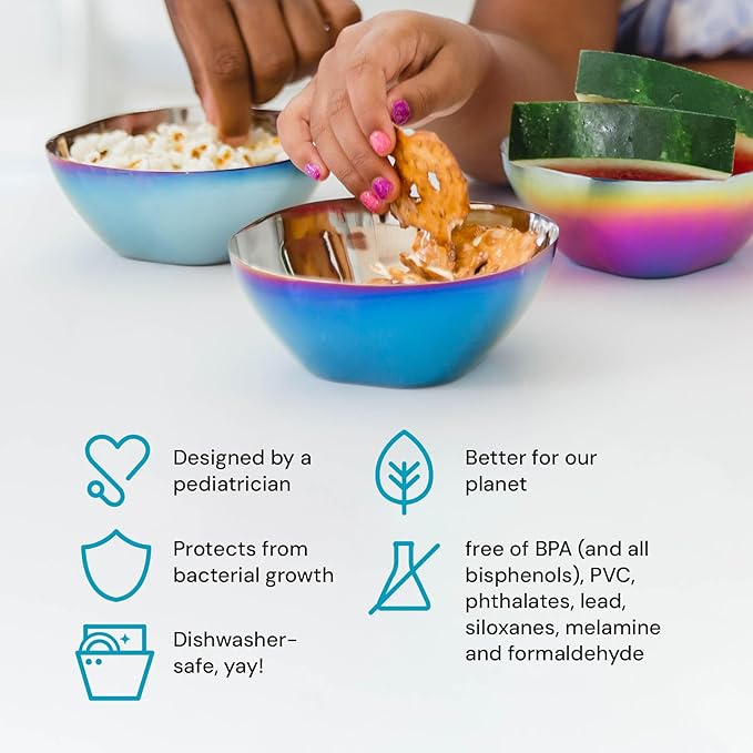 Ahimsa Stainless Steel Bowls for Kids, Durable Pediatrician Designed Toddler Snack Bowl, Premium Non Toxic Metal, Easy to Clean & Dishwasher Safe, Set of 4 Blue