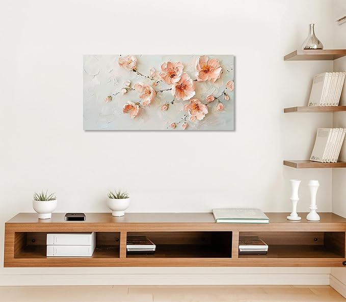 ADJUVANT Wall Art Impressionist Pink Floral 48"L x 24"W, Cherry Blossoms Canvas Painting Soft Petals Artwork Pastel Tones Prints Spring Flowers Wall Decor for Living Room Bedroom Bathroom Home Office