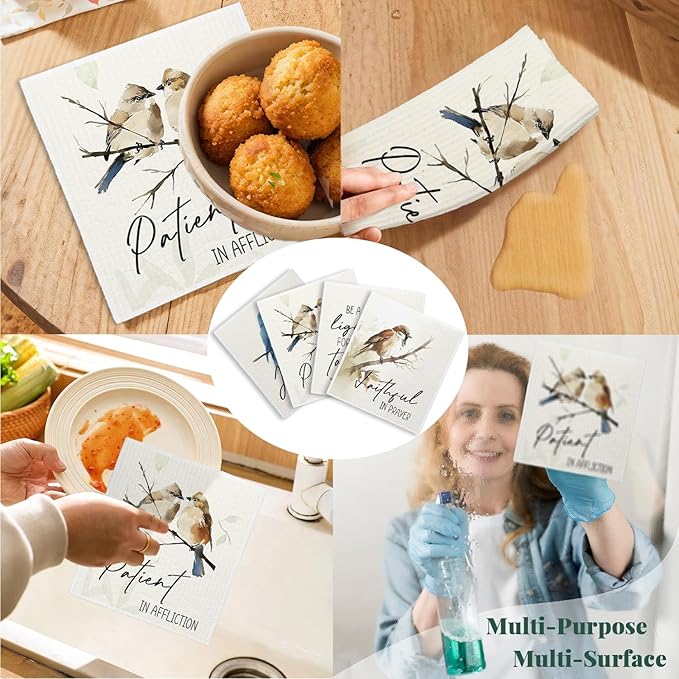 Bird Scripture Swedish Dishcloths for Kitchen, Swedish Dish Cleaning Cloths for Spring，Papaya Reusable Paper Towels, 4 Pack Dish Towels for Kitchen, Reusable Paper Dishcloths Washable