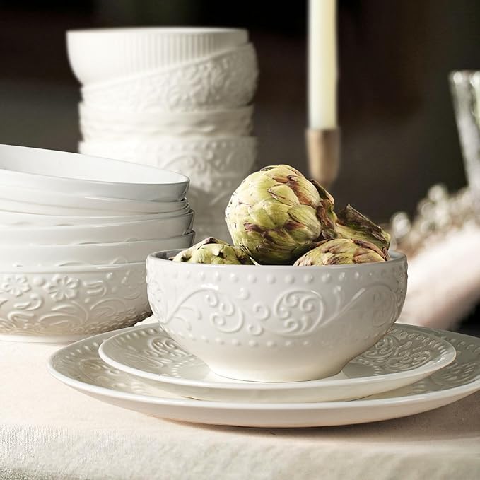 Artena Ceramic Cereal Bowls 26 oz, Embossment Soup Bowls Set of 4, White Salad Bowl for Kitchen, Dinner, Breakfast, Oatmeal, Rice, Pasta, Dishwasher Microwave Safe, 6 inch (Lianas)