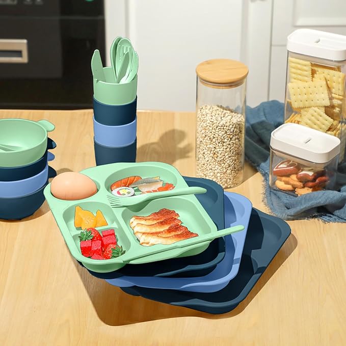 Tanlade 24 Pcs Wheat Straw Dinnerware Cutlery Sets, Divided Plates Unbreakable Bowl Microwave Dishwasher Safe Tableware Cutlery Spoon Knife Fork Cup(Dark Blue, Dark Green, Blue, Green)