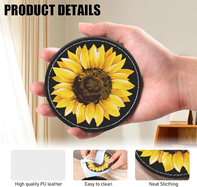 Coasters for Drinks PU Leather,Set of 6 with Holder,Round Housewarming Gift Home Decor,Black Watercolor Sunflower