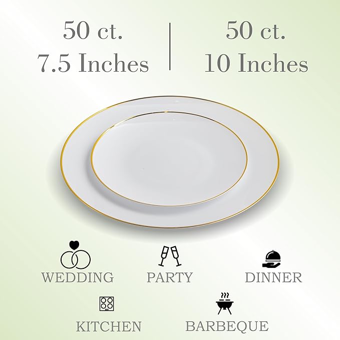 100PCS White Dinnerware Combo | 50 Gold Rim Appetizer/Dessert Plates (7.5in) & 50 Dinner Plates (10in) | Heavy Duty Disposable Plastic Plates For Wedding, Parties, Catering