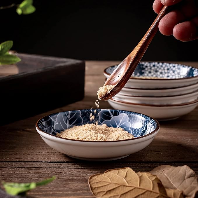 Japanese Style Ceramic Dipping Bowls,4'' Side Dishes Soy Sauce Dish for Sushi Dip,Snack,3 Oz Small Blue and White Pinch Bowl for Kitchen Prep - Set of 6 (4 inch)
