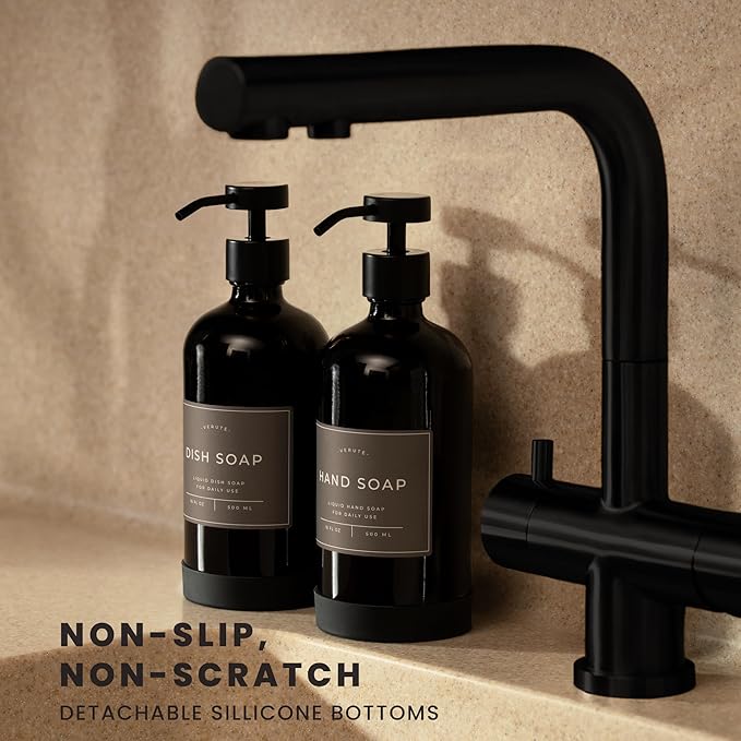 Hand and Dish Soap Dispenser for Kitchen and Bathroom, Set of 2 16 Oz Glass Bottles, Stainless Steel Pumps, Non-Slip Silicone Base, 27 Waterproof Labels (Gloss Black Bottle/Black Pump)