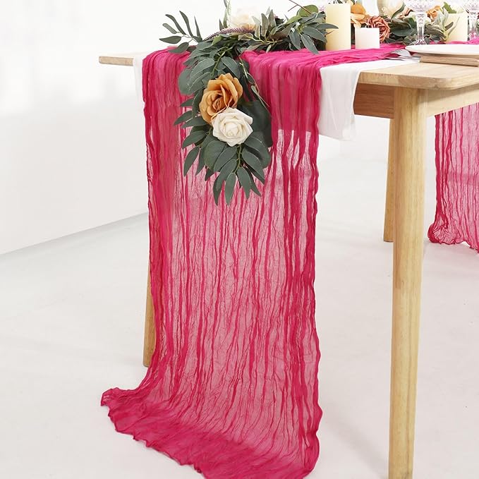 FUHSY Cheesecloth Pink Table Runner 10FT Rustic Cheese Cloth Table Runner Boho Gauze Tables Runners Long Hot Pink Runners for Tables Sheer Cheesecloths for Party Wedding Bridal Shower Decoration