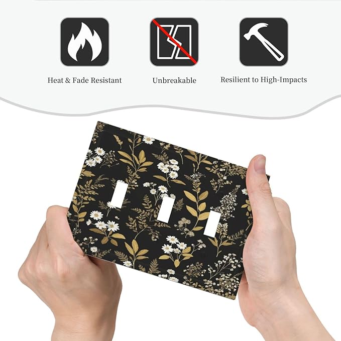 Light Switch Cover Black/Gold Boho Botanical Floral Rustic Flowers 3 Gang Wall Plate Triple Light Switch Plate Toggle Decorative Outlet Covers Electrical Switchplate for Bathroom Kitchen Decor