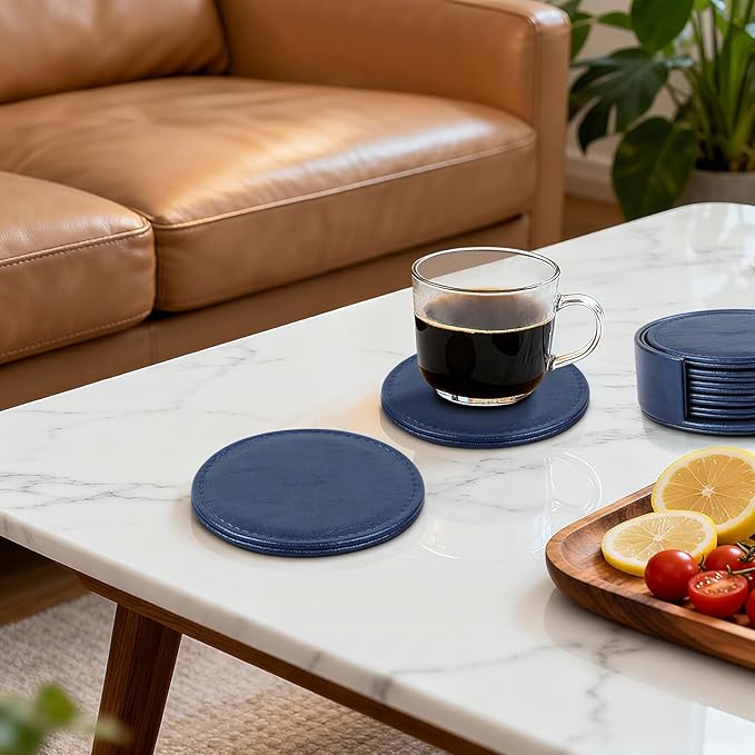 6 Pcs Premium Leather Coasters with Holder, Tabletop Protection, Coffee Table & Bar Decoration, Modern-Style Drink Coasters Suitable for Home Dining Tables & Kitchen Accessories (Blue)