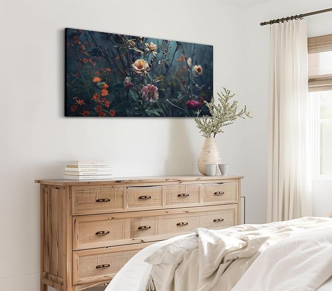ADJUVANT Wall Art Impressionist Floral 60"L x 30"W, Dark Toned Blossoms With Lush Foliage Canvas Painting Enchanting Flowers Artwork Prints Floral Wall Decor for Living Room Bedroom Study Home Office