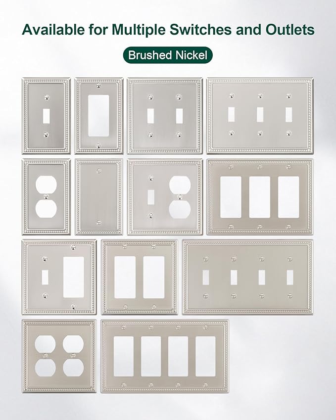 2-Pack Blank Outlet Cover Wall Plate, Metal Switch Plates Outlet Covers, Brushed Nickel Pearls Beaded Decorative Wall Plates