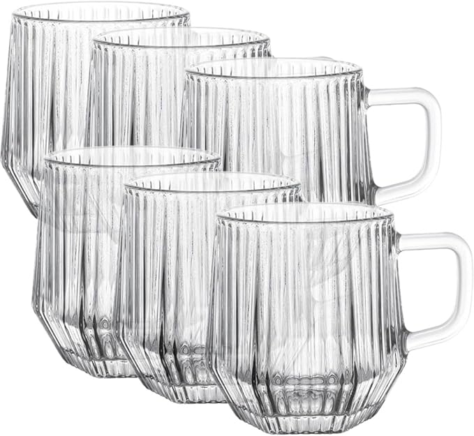 6Pcs Vertical Ribbed Glass Mugs with Handle, Reusable Household Glass Cups for Coffee, Tea, Milk, Orange Juice – Sturdy Glassware Set for Hot and Cold Beverages