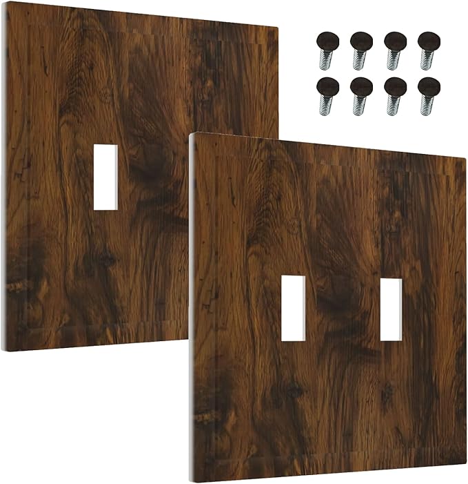 Decorative Light Switch Cover Brown Rustic Wood Grain Vintage Wooden Texture 2 Gang Wall Plate Double Toggle Switch Plate Receptacle Electrical Outlet Cover Switchplate for Cabin Bedroom（2 Pack）