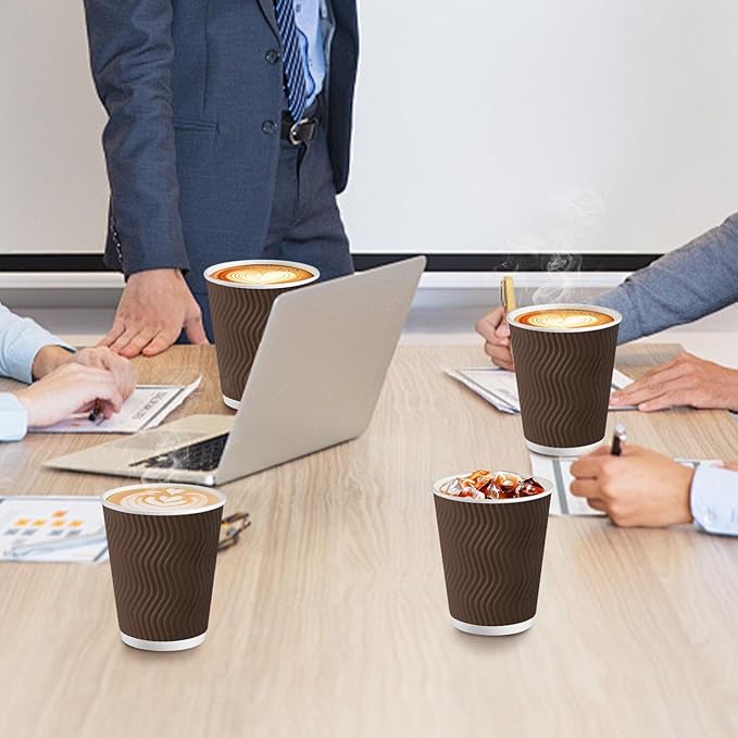 120 Pack 10 oz Coffee Cups, Disposable Corrugated Insulated Ripple Wall Paper Coffee Cups 12oz for Hot or Cold Drinks Office Home Cafe Party Travel (Brown)