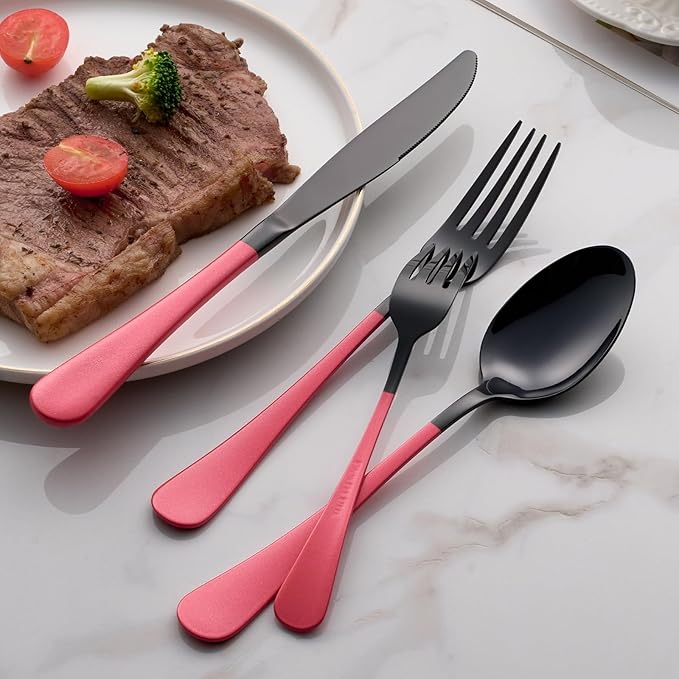 20-Piece Pink Silverware Set 18/0 Stainless Steel Black Silverware Set Yellow Handle Cutlery Black Set Service for 4 Dinner Knives Forks Spoons Set Flatware Set Finish Dishwasher Safe