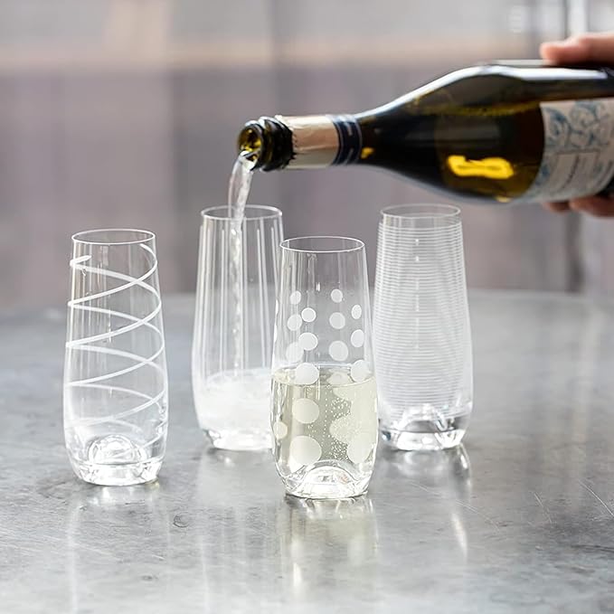Mikasa Cheers Stemless Flutes, Set of 4-7.5 Oz Crystal Champagne Glasses with Playful Dot, Line & Swirl Designs - Unique Toasting Glassware for Sparkling Wine & Cocktails, Lead-Free