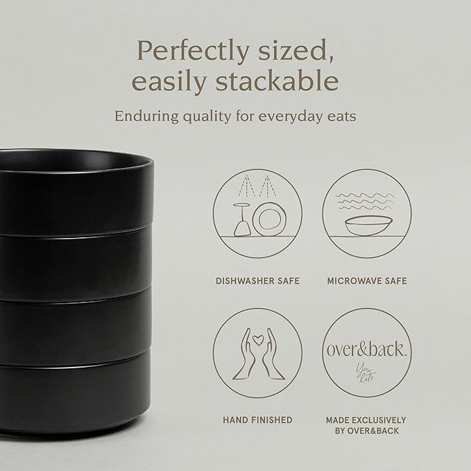 over&back Stackable Cereal Bowl Set - Stoneware Dishes - Comes with 4 Cereal Bowls - Easy-to-Stack Breakfast Place Settings - 6.2" x 6.2" x 2.2" - 25oz - Semi-Matte Black