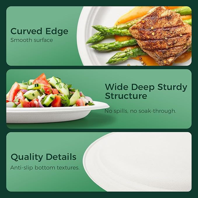 100% Compostable 7 inch Paper Plates, [125-Pack] Disposable Dessert Plates, (BPI Certified)-Heavy Duty, Eco-Friendly Small Paper Plates, Biodegradable Sugarcane Plates, white