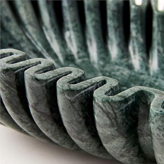Handmade Oval Fluted Marble Bowl, Table Centerpiece Decorative Marble Bowl, Green Large Ruffle Bowls for Table Centerpiece