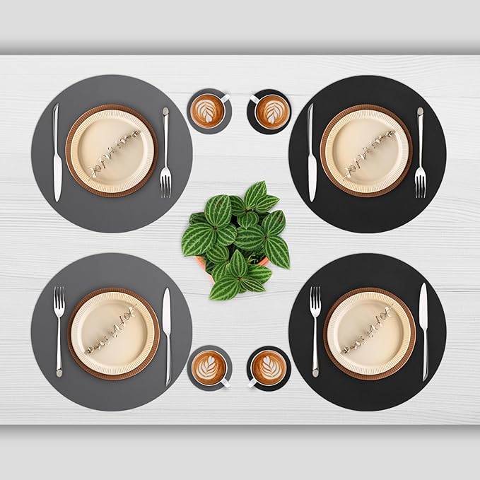 Myir JUN Round Placemats Set of 4 Faux Leather Place Mats and Coasters 15 inch Round Table Mats Dual Sided Non-Slip Stain Resistant Placemats (Gray & Black, Set of 4)