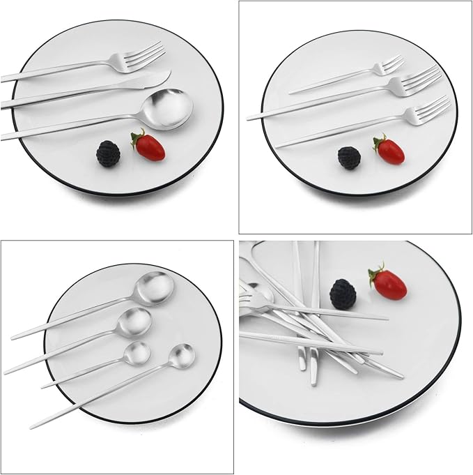 JASHII 32-Piece Tableware Set Stainless Steel Flatware Set with Coffee Spoon Long Handle Spoon Premium Cutlery Service for 4 Satin Finish Utensils for Home (Silver)