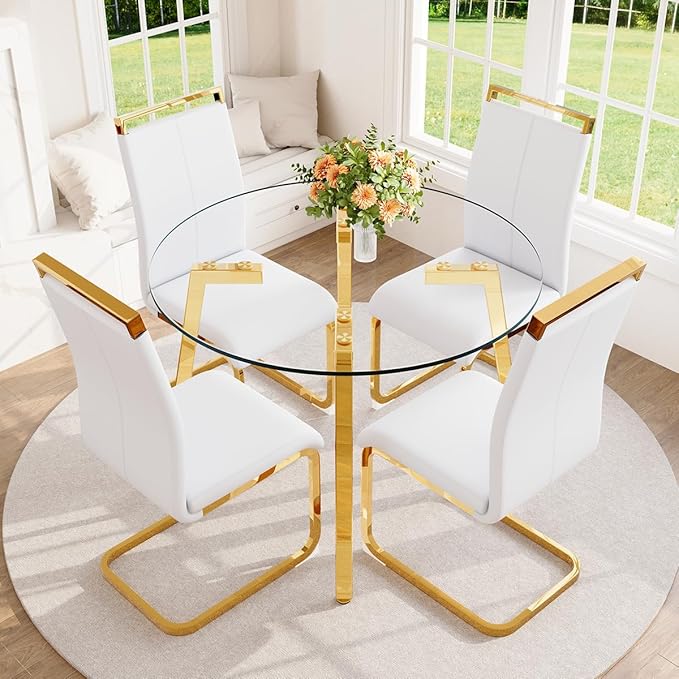 42" Round Glass Dining Table Set for 4,Modern Breakfast Table Set for 4 with Luxury Gold Chrome Legs,Space Saving Kitchen Table and White Chairs for Apartment,Easy Assembly