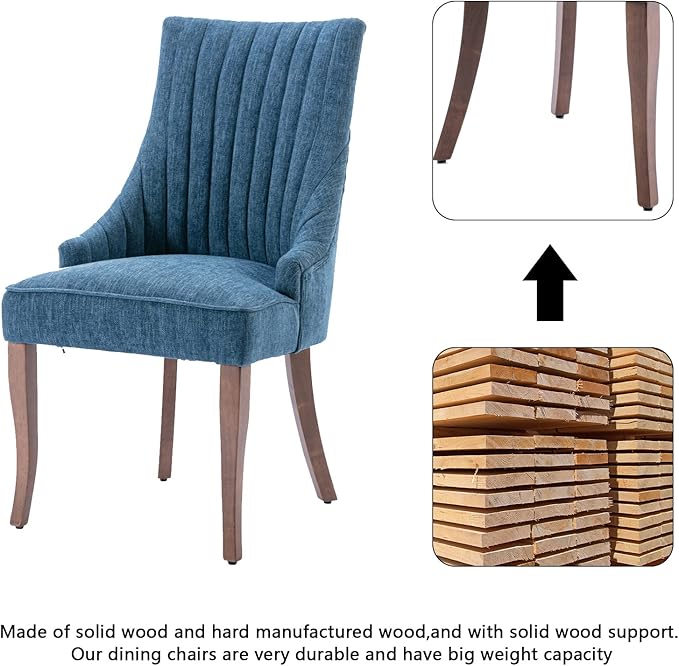 mikibama Linen Dining Chairs Set of 4 Channel Tufted Kitchen Dinner Chair Comfy Fabric Upholstered Accent Chair for Dining Room with Solid Wood Legs (Blue 4pc)
