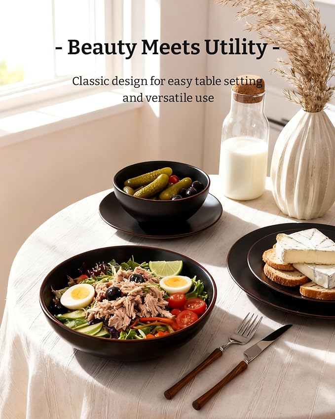 Famiware Venus Speckled Dinnerware Set with Pasta Bowls, Service for 6 (24 Pieces), Stoneware Plates and Double Bowls Sets, Microwave & Dishwasher-Safe Dishes with Trim, Matte Black