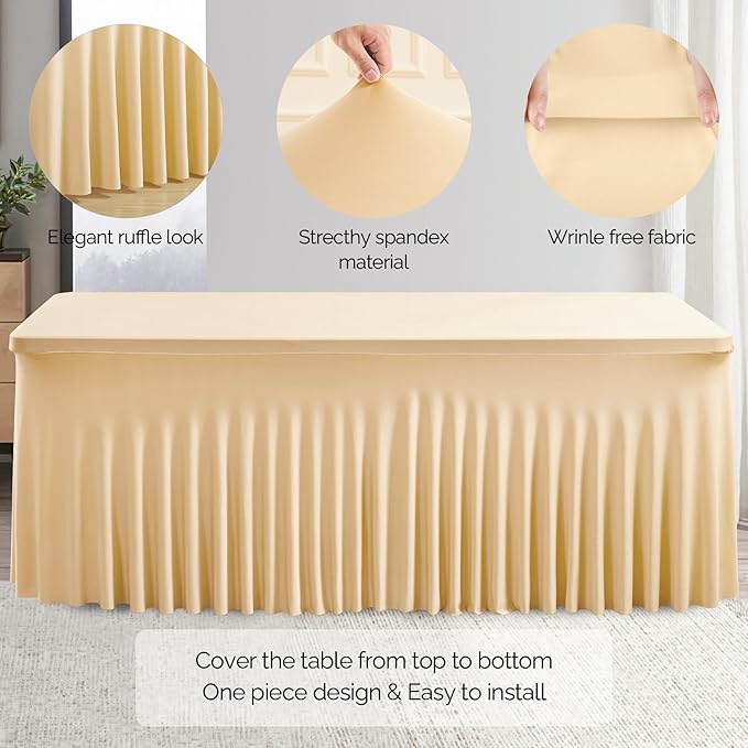 Wish Care 2 Pack Champagne Spandex Table Clothes for 6 Foot Rectangle Tables, 6FT Wrinkle Free Fitted Tablecloths Ruffles Design Table Cover for Party, Banquet, Wedding and Events