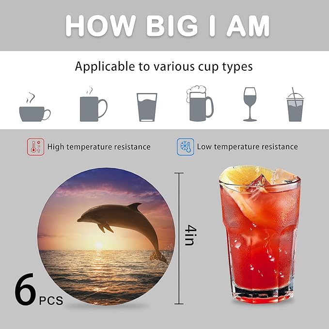 Dolphin Coasters for Drinks Absorbent with Holder,Jumping in Sea Under Sun Sets of 6 Durable Cup Coaster for Coffee Table Protection,Great Housewarming Birthday Gifts,Home Decor