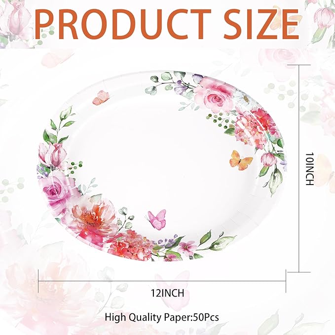 Grencian 50Pcs Floral Oval Paper Plates 10" x 12" Disposable Pink Rose Floral Party Plates Spring Pink Flower Dinnerware for Wedding Tea Party Birthday Bridal Baby Shower Mother's Day Decorations
