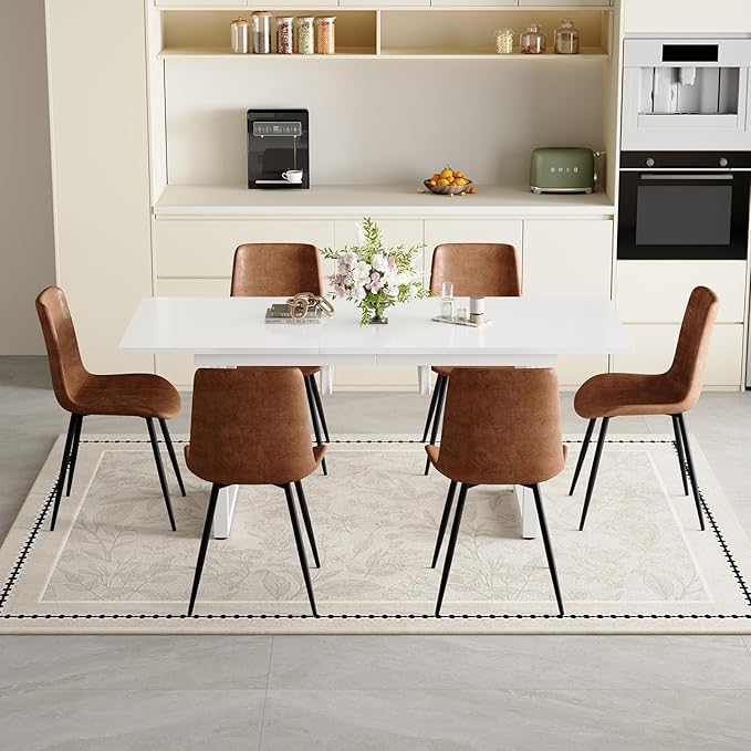 Extendable Dining Table Set for 6, 55"–71" Modern White Kitchen Table with 6 Upholstered Chairs, Space-Saving for Living Room Apartment, Sturdy & Comfortable, Easy Assembly