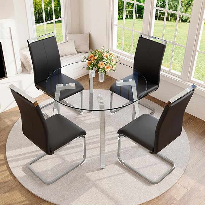 42" Round Glass Dining Table Set for 4,Modern Breakfast Table Set for 4 with Silver Chrome Legs,Space Saving Kitchen Table and Black Chairs for Apartment,Easy Assembly