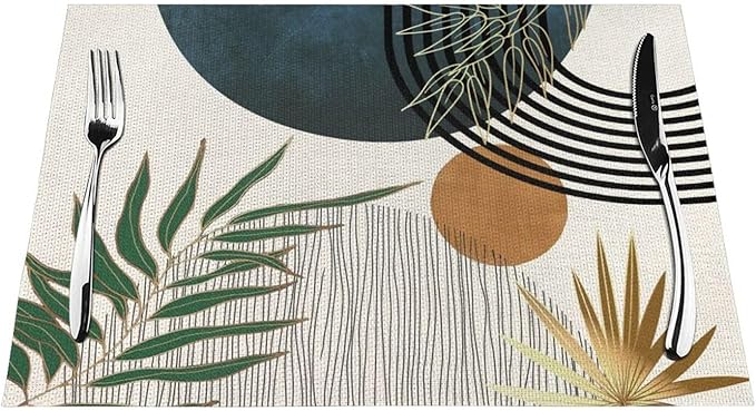 Mid Century Placemats 12x18 Inches Set of 4, Modern Boho Green Navy Blue Tropical Leaf Decorative Rectangle Table Mats for Party, Home Kitchen,Dining Table Decoration