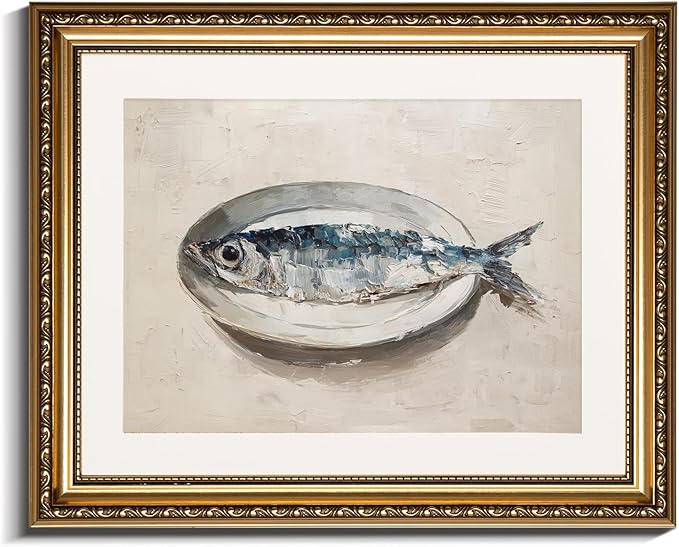 InSimSea Gold Framed Wall Art, Kitchen Dining Room Vintage Sardine on the Plate Wall Decor, Still Life Canvas Print Art, Home Farmhouse Decor, Antique Paintings with Picture Frame 13x16inch
