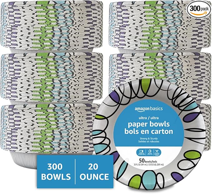 Amazon Basics Ultra Paper Bowls, 20 Oz, Disposable, 300 Count, White (6 packs of 50)