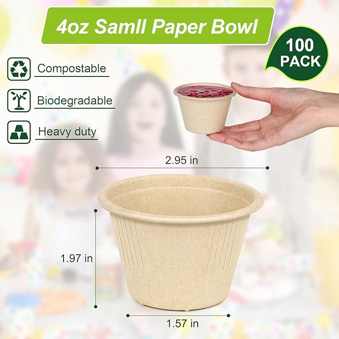 4 oz Small Paper Bowls, 100 Pack Compostable Bagasse Fiber Bowls, Microwavable for Condiments, Sauce, Ice Cream